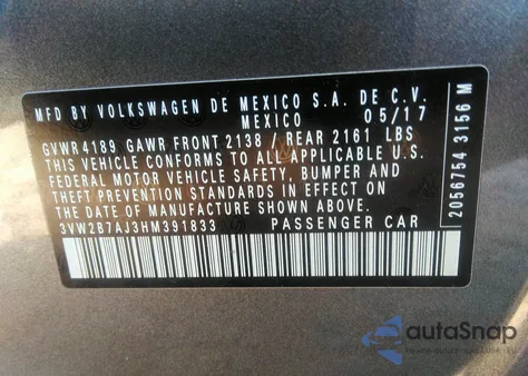 2017 Volkswagen Jetta 1.4T S z USA, uszkodzony, nr VIN 3VW2B7AJ3HM391833